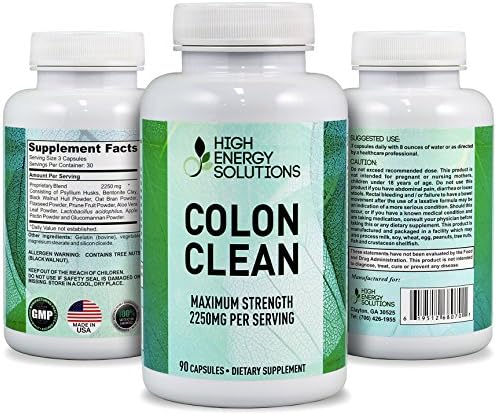HIGH ENERGY SOLUTIONS Colon Clean Maximum Strength 2250mg Per Serving Flushes Toxins &amp; Waste - Optimizes Digestion - Boost Energy - Supports Weight Loss - 90 Capsules - GMP - USA