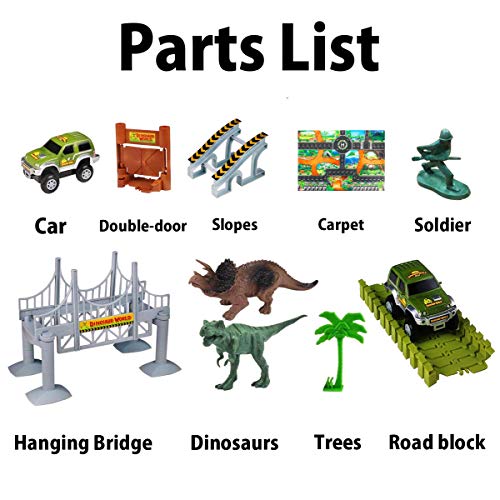 Dinosaur Toys Race Track with Dinosaur Play mat - 142 Pcs Race Car Track Sets Jurassic World Flexible Tracks Playset,2 Dinosaurs and Multiple Elements
