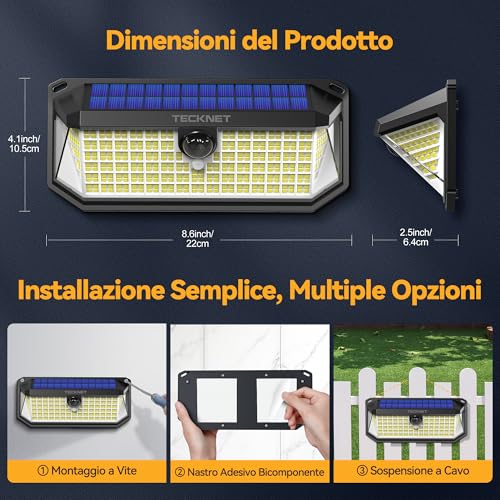 TECKNET 4 x Outdoor LED Solar Light 416 LED Spotlight with Motion Sensor, 300° IP66 Waterproof Outdoor Solar Lamp, 3 Modes for Garden, Patio and Garage