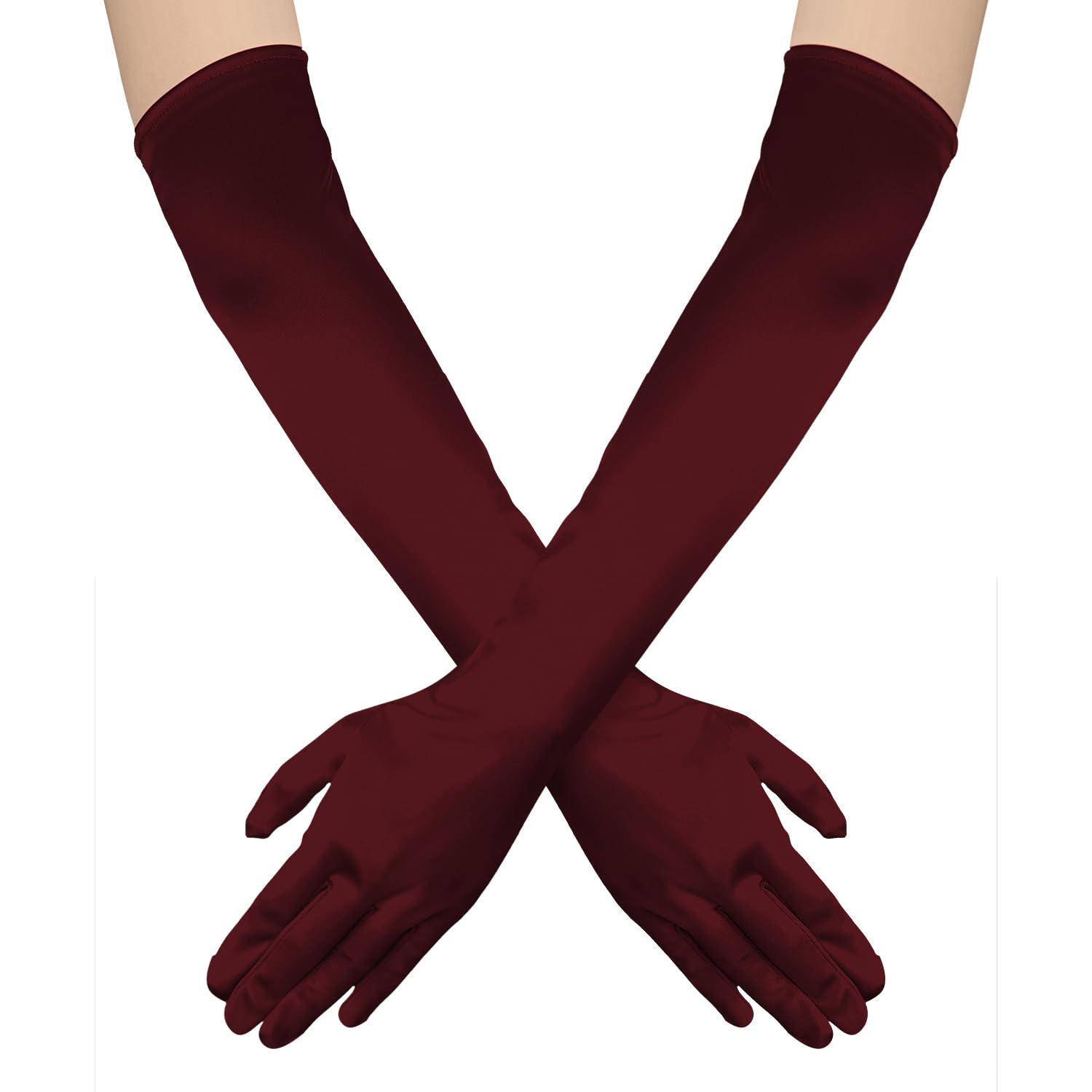 NQEUEPN Women's Long Satin Elbow Gloves, 21" Stretchy Opera Gloves for Evening Party & Dance (Dark Red)