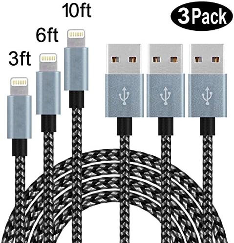 SPEATE Lightning To USB Cable 3PCS 3FT 6FT 10FT Fast iPhone Charger Cord Extra Long Nylon Braided USB Charging Extension Cable For Apple iPhone X 8 7 7 Plus 6 6s 6s Plus 5s 5c SE,iPad,iPod(Gray+Black)