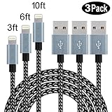 SPEATE Lightning To USB Cable 3PCS 3FT 6FT 10FT Fast iPhone Charger Cord Extra Long Nylon Braided USB Charging Extension Cable For Apple iPhone X 8 7 7 Plus 6 6s 6s Plus 5s 5c SE,iPad,iPod(Gray+Black)