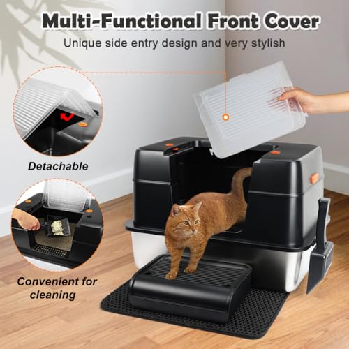 Vivifying Stainless Steel Cat Litter Tray, XXL High-Sided, Removable and Metal Enclosed Stainless Steel Cat Litter Box with Lid with Scoop, Steps and Mat (Black)