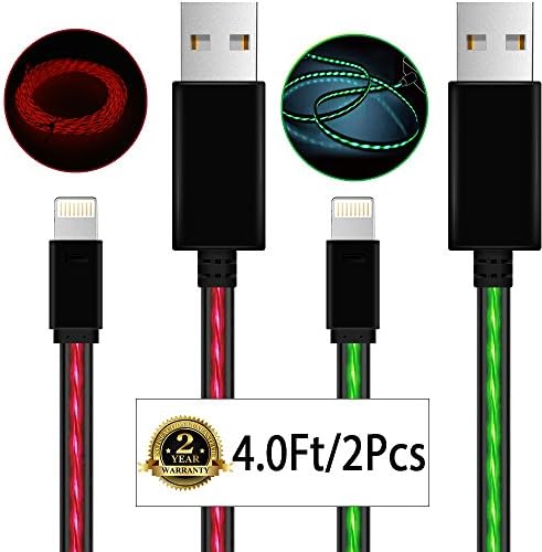 iPhone Cable,iCrius 2Pack 4FT Visible Flowing Lightning to USB iPhone Charger Cord with LED Light for iPhone 7/7 Plus/6s/6s Plus/6/6Plus/5s/5c/5, iPad/iPod Models(Green&amp;Red)