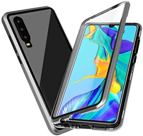 LaVibe Compatible with Huawei P30 Transparent Case 2 in 1 Magnetic Adsorption Case Cover Metal Bumper Frame + Double-sided Tempered Film 360 Degree Protection Cover Silver