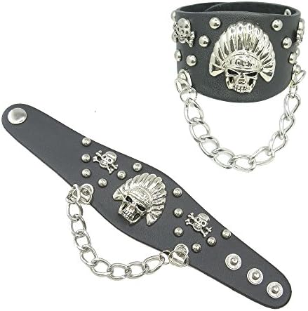 Gothic Tribal Skull - Black Faux Leather Gothic Punk Style Bracelet Wristbands Cuffs