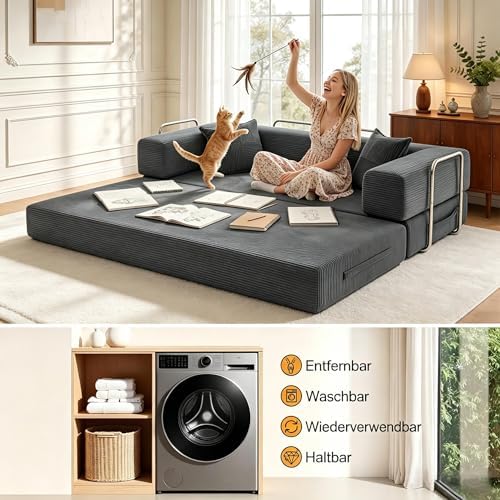 Rahmenloses Schlafsofa, 160 cm, mit Schaumstoff und Federn, für Wohnzimmer, Grau