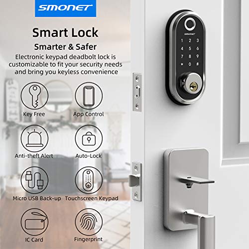 Smart Deadbolt, SMONET Fingerprint Electronic Deadbolt Door Lock with Keypad-Bluetooth Keyless Entry Keypad Smart… - Image 2