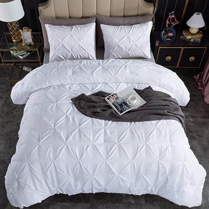 3Pcs Pinch Pleated Comforter Set - White Solid