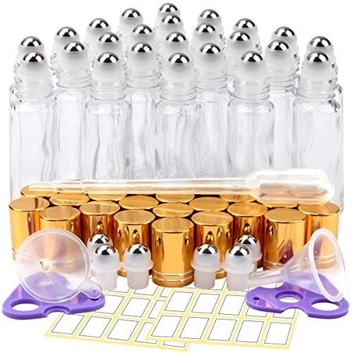 image for Essential Oil Roller Bottles, KAMOTA 24 Pack 10 ml Clear Glass Roller 