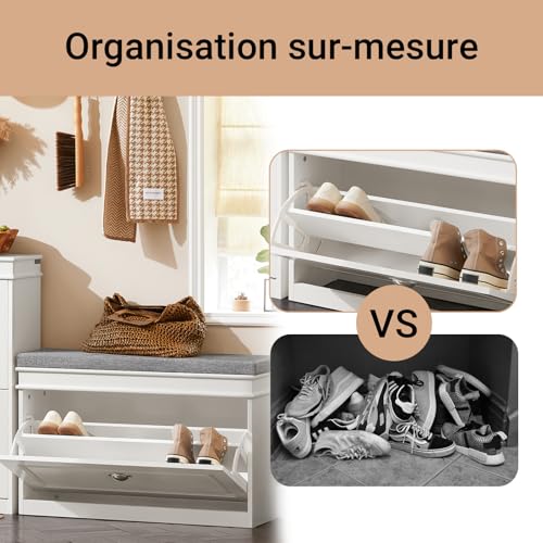 SoBuy FSR82-L-W Entrance Shoe Bench with Lid Storage and Cushion – Shoe Storage for Hallway or Living Room – 75 x 24 x 51 cm, White, FSR82-L-W