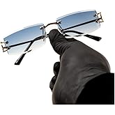 Street Knitted Men Women Stylish Narrow Rimless Sky Blue Gradient Tinted Lens Rectangular Gold Frame Shades 90s Rectangular Slim Small Frameless Retro Trendy Hip Hop Square Unisex Sunglasses