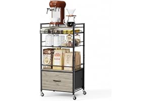 Emfogo Coffee Bar Cabinet with Storage，5 Tier Coffee Station Table on Wheels, 33.6" H Cart with Drawer for Home Kitchen, Liqu