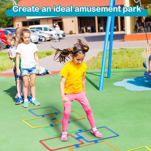 AM ANNA 2 Sets Hopscotch Rings Game for Kids, 20 Plastic Square & Round Hoops with 25 Connectors for Toddlers Gross Motor Skills, Playground Obstacle Course for Toddlers