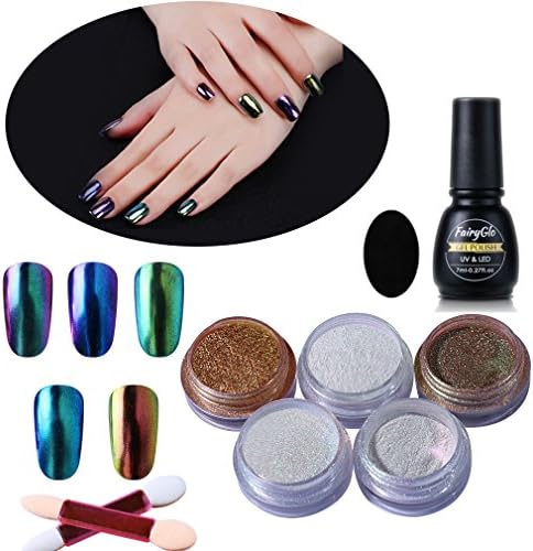 FairyGlo Nail Polish 5 Packs Chrome Nail Powder Colour Changing Nail Art Holo Mirror Effect With Sponge Stick Black Colour Gel Gift Set