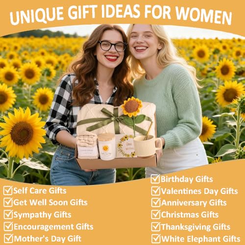 Cozy Blanket Gift Basket for Women, Sunflower Set with Throw Blanket Mug Socks Scented Candle, Birthday Mother's Day Christmas Anniversary Get Well Soon Gift for Her Friend Mom Sister Wife (Cream)