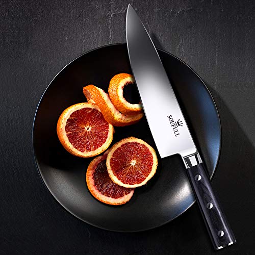 Professional Chef Knife- Soufull 8 inch High Carbon Stainless Steel Kitchen Knife-Razor Sharp Durable Blade&Ergonomic Pakka Wood Handle-Guard Included
