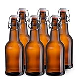 California Home Goods 16 Ounce Glass Brewing Bottles with EZ Caps for Beer, Kombucha, Amber, Reusable (Set of 6)