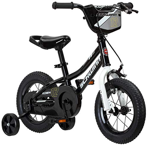 Schwinn Koen Boy's Sidewalk Bike with Training Wheels, Saddle Handle, Chainguard, and Number Plate, 12-Inch Wheels, Black, Featuring SmartStart Technology - Designed to Fit Children's Proportions