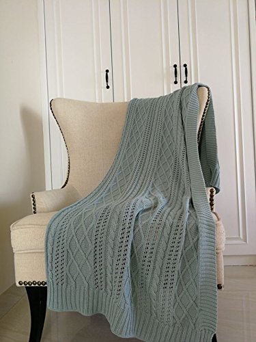 DOKOT Diamond Cable Knitting Pattern 100% Cotton Knitted Throw Blanket All Season Couch, Sofa, Chair, Bed Cover (Blue)