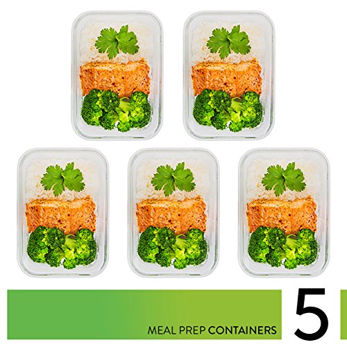 PrepNaturals 5 Pack 36 Oz Glass Meal Prep Containers - Dishwasher Microwave Freezer Oven Safe - Glass Storage Containers with Lids (Multi-Compartment)