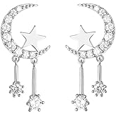 Reffeer 925 Sterling Silver Crescent Moon Star Earrings Studs for Women Teen Girls CZ Moon Studs Earrings Star Tassel Earrings
