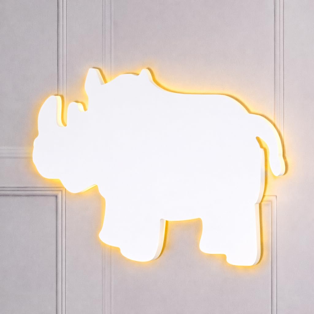 Marco Paul Rhino Safari Nursery Light - Large White Rhino Lamp Pre-lit Battery Operated LED Wall Lights - Night Light for Safari Decorations, Animal Decor, Kids Bedroom Decor & Animal Night Light