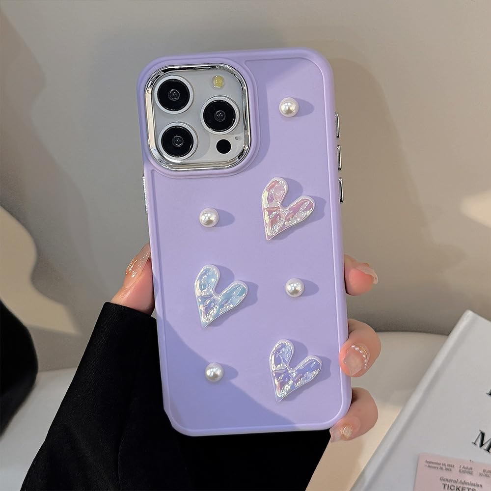 LSOUGUK Compatible with iPhone 13/iPhone 14 Case for Girls Women,Cute 3D Love Heart Pearl Design Protection Case Slim Soft TPU Shockproof Protective Cover for iPhone 13/14-Purple
