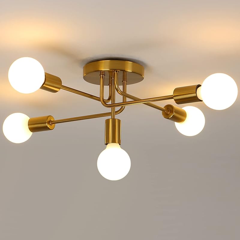 AUA Modern Sputnik Chandelier Golden 5 Light Semi Flush Mount Ceiling Light