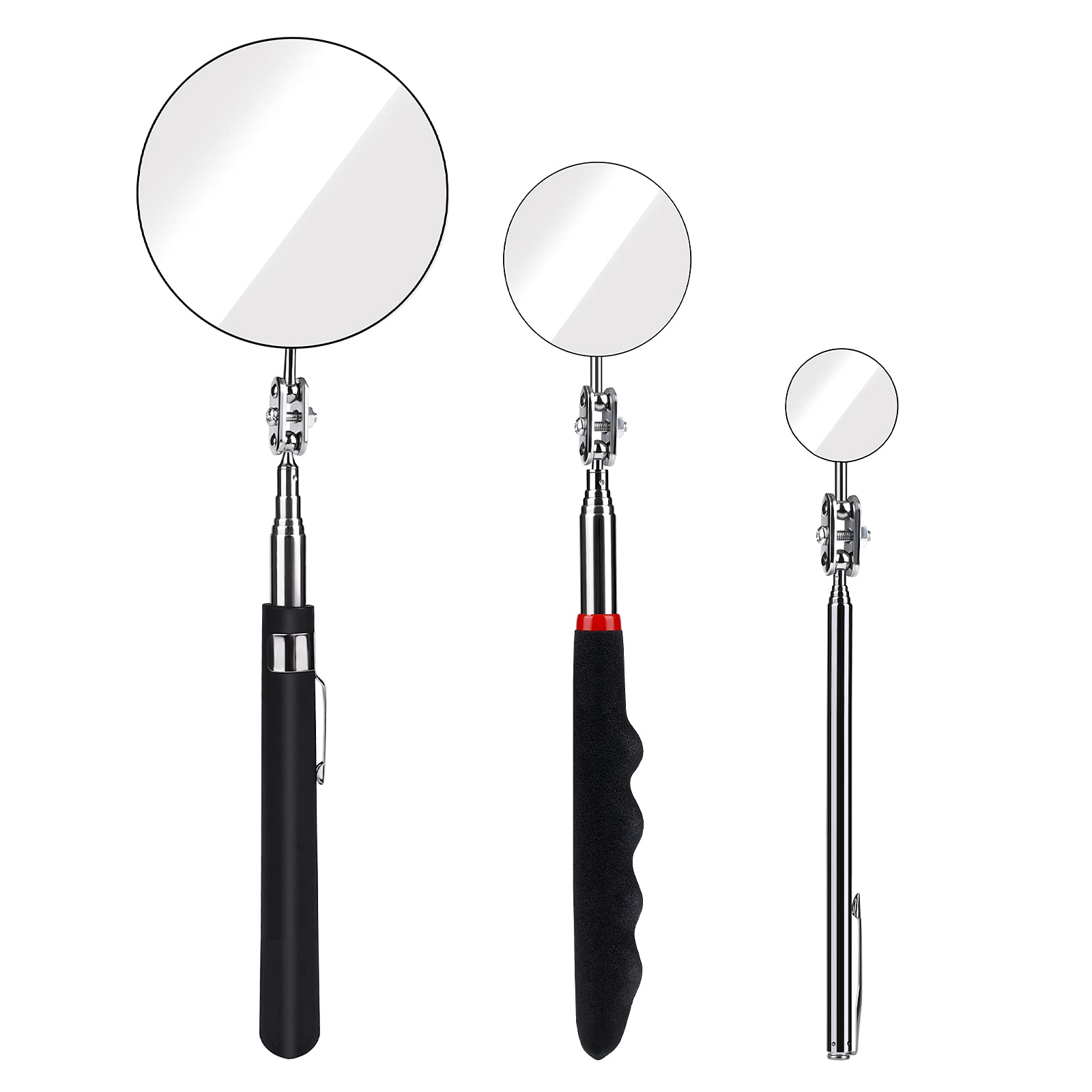 SAVITA 3 Sizes Telescopic Inspection Mirror Kit with Extendable and Retractable Handle 3/5/8.5 cm Diameter, Handle 18.5-59.5/23.5-55/27.5-75.5 cm Small Large Mirror for Dental Eyelashes