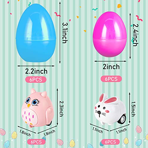 LovesTown Easter Eggs with Toys Inside, 12 Pcs Easter Stuffed Eggs and 12 Pcs Animal Pullback Toy Cars Surprise Eggs Easter Theme Party Favor for Easter Eggs Hunt Game