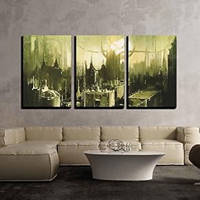 3 Piece Canvas Wall Art - Illustration Painting Showing Skylines and Sunset of Dark City - Modern Home Art Stretched and Framed Ready to Hang - 16"x24"x3 Panels
