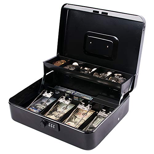 KYODOLED Large Cash Box with Combination Lock,Money Box with Cash Tray
