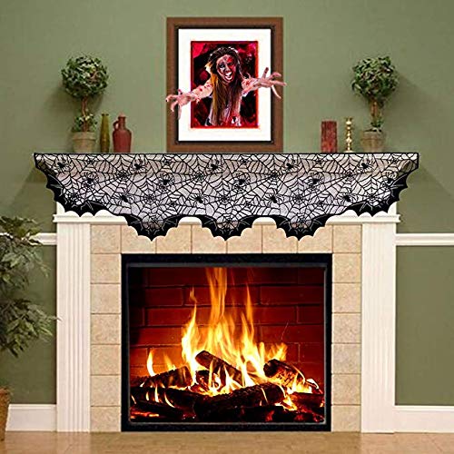 Halloween Fireplace Dcoration, JTS Halloween Mantle Scarf with Spiderweb Shape, Halloween Fireplace Cover with Black Lace for Halloween Mantle Decorations