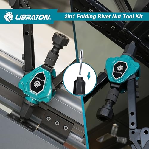 LIBRATON 2 in 1 Folding Threaded Insert Rivet Pliers, 7 Mandrels (M3-M12) & 5 Bits (2.4-6.4mm), Includes 70 Crimp Nuts and 200 Pop Rivets, Powerful Manual Tool for Auto and DIY