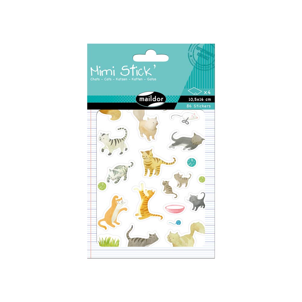 Maildor AE018O - Mimi'Stick STICKERS - Pack of 4 sheets - Dimensions: 10.5 cm x 16 cm - CATS THAT ARE PLAYING DESIGNS - (Approx. 86 stickers included)
