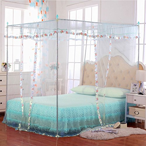 JQWUPUP Luxury Mosquito Net Bed Canopy - 4 Corner Poster Princess Lace Netting Bedding For Girls, Toddlers & Adults - Bedroom Decor Block Insects (Twin Size, Light Blue)