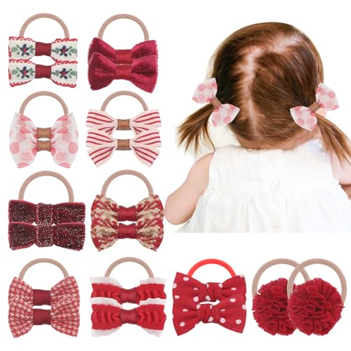 Esumun Baby Girl Red Elastic Hair Ties with Bows, Hair Rings Ponytail Bow Holder, Boutique Tiny Rubber Band 10Pairs for Thin Hair Toddlers, Littler Girls (Red Set)