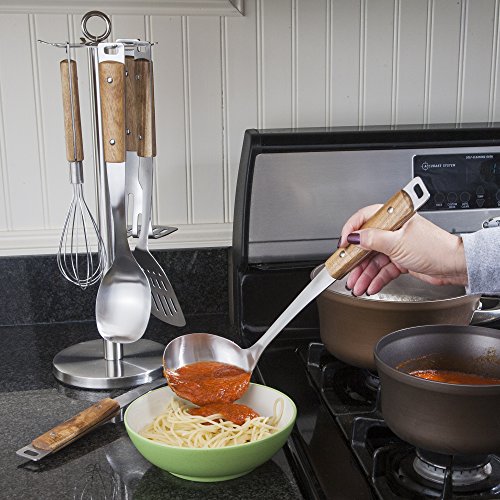 Premium Wooden Kitchen Utensils Set with Stainless Steel Stand - Includes: Spatula, Serving Spoon, Soup Ladle, Whisk, Potato Masher and Spaghetti Server, Grilling & Cooking Made Easier - By BBQ-Aid