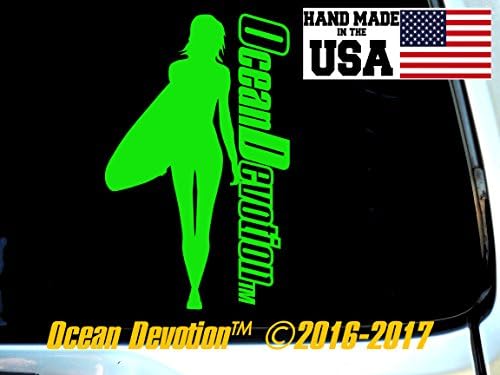 Surf Girl V4 “Ocean Devotion™” Vinyl Decal/Sticker 4w x 7.5h inches - Salt Life, Reel Life, Beach Life, Sea Life, Surf, Surfing, Fishing, Automobile, Car, Truck, Boat, Window