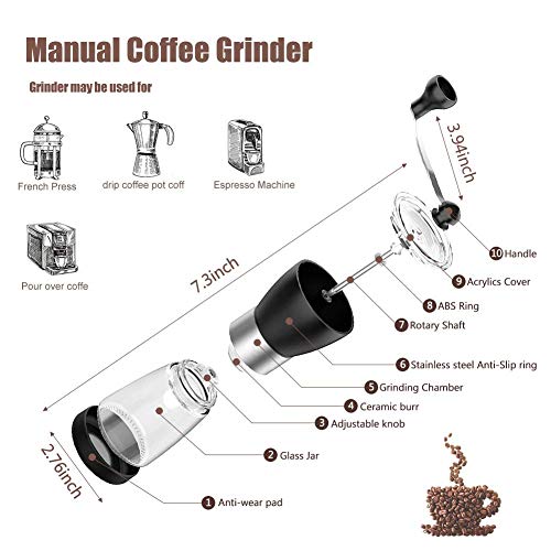 Manuelle Kaffeemühle, Kaffeebohnenmühle, verstellbare Grobheit, konische Keramik-Fräsmühle mit zwei Glasbehältern – Bild 3