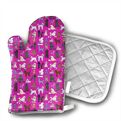 Poodles Fuchia Oven Mitt and Pot Holder or Oven Gloves-100% Cotton, High Heat Resistance,