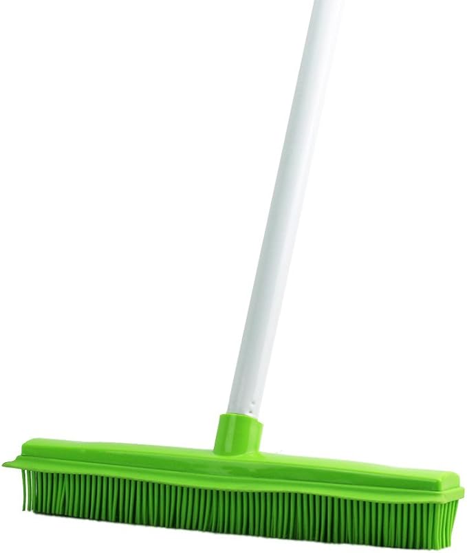 Long Handle Rubber Brush Push Broom with Soft Rubber Bristles and