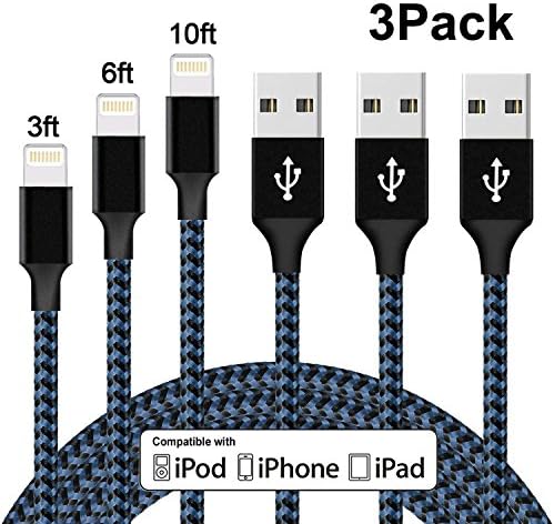 ONLINER iPhone Charger,3Pack 3FT/6FT/10FT Extra Long High Speed Nylon Braided iPhone Cable Lightning Cord for iPhone 7/7 Plus/6/6 Plus/6S/6S Plus,SE/5S/5,iPad,iPod Nano 7 (Black Blue)