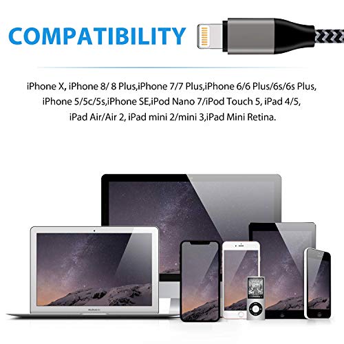 Phone Charger Cable, Lightning Cable Nylon Braided Charging Cord 4Pack 3FT 3FT 6FT 10FT Compatible Phone X 8 7 7 Plus 6 Plus 5 iPad and iPod Nano - Black