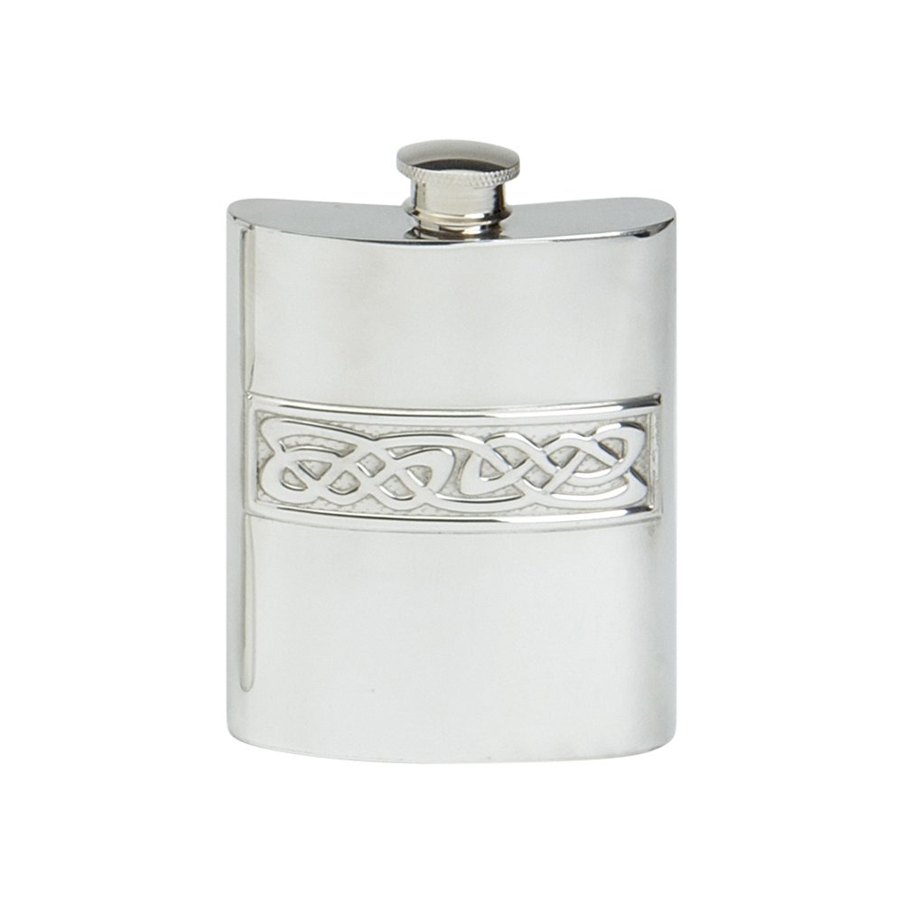 Edwin Blyde & Co Spirit Flask – Traditional Kidney Shape Embossed Celtic Mount Design, 6 oz, Metal, Pewter, 14 x 10 x 4 cm
