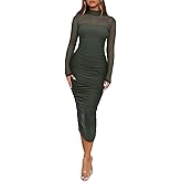 REORIA Women's Summer Mesh Sheer Short Sleeve Midi Ruched Bodycon Dress Mock Neck Elegant Evening Party Cocktail Dresses