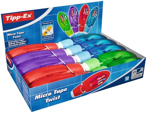 Tipp-Ex Korrekturroller Micro Tape Twist mit Schutzkappe, in 4 Farben, 8m x 5 mm, 10er Pack, Ideal fuer das Buero, das Home Office oder die Schule