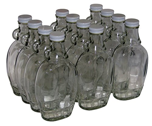 North Mountain Supply 8 Ounce Glass Maple Syrup Bottles with Loop Handle & White Metal Lids - Case of 12