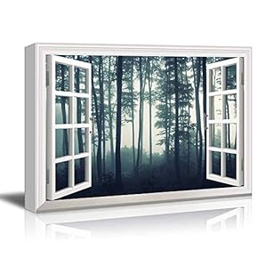 Modern White Window Looking Out Into a Dark Foggy Forest - Canvas Art Home Art - 24x36 inches